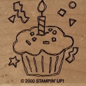 Stampin' Up Happy Birthday Cupcake with Confetti and Stars Rubber Wood Stamp